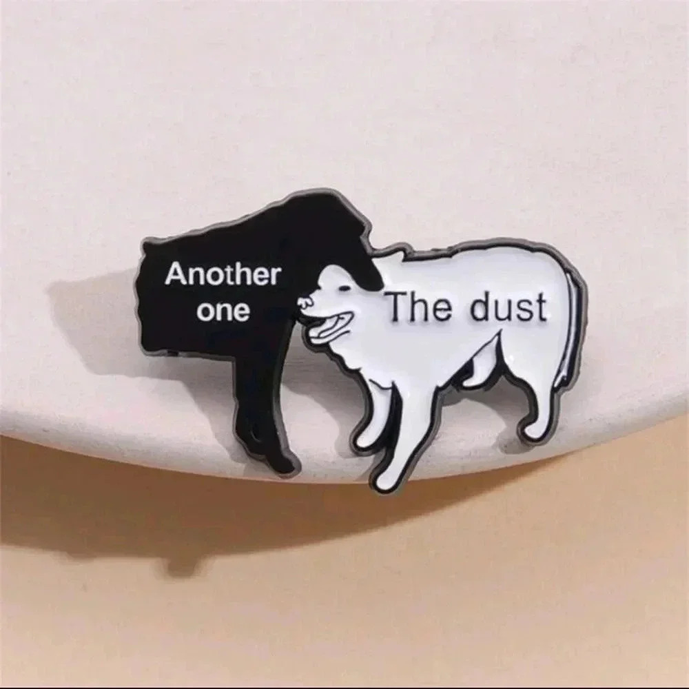Funny black white bites the dust enamel pin brooch charm purse bag decor dog fun